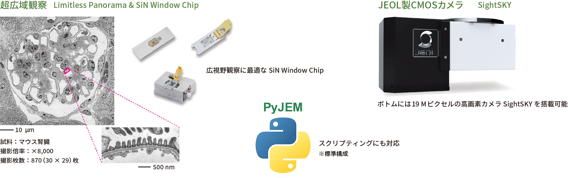 超广域观察,JEOL CMOS 相机 SightSKY,PyJEM