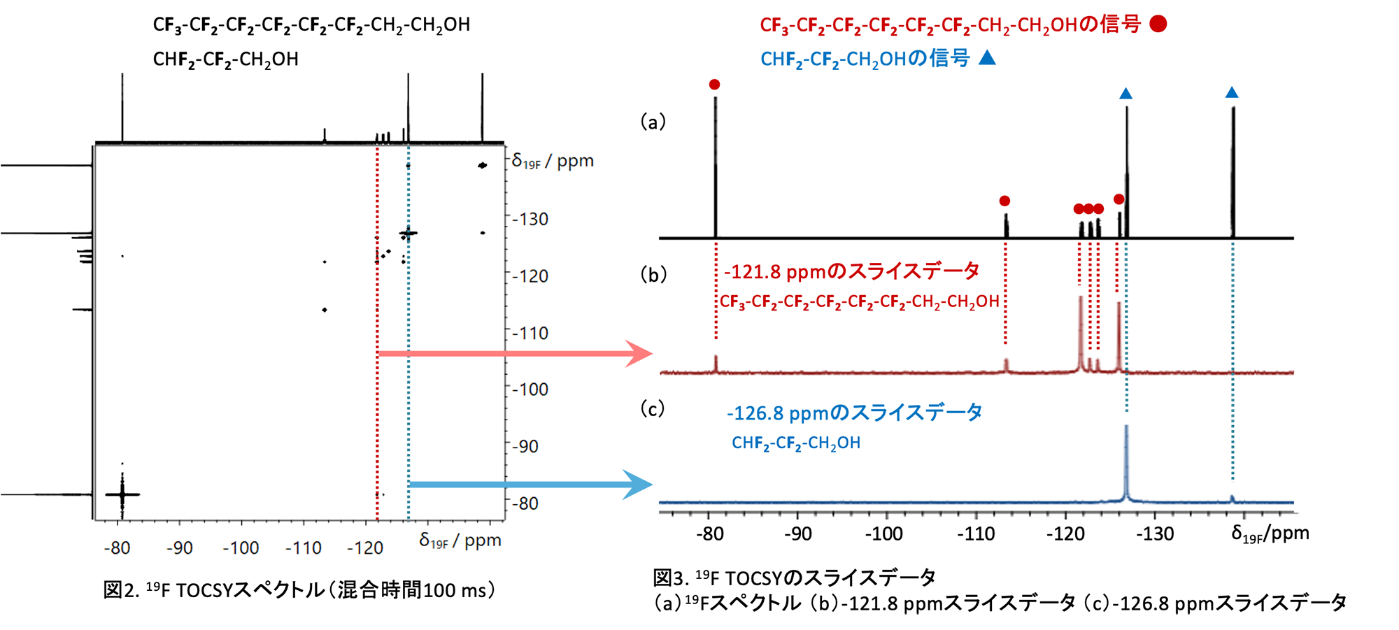 图 2 19F TOCSY 谱（混合时间 100 ms）和图 3 19F TOCSY 切片数据 (a) 19F 谱 (b) -1218 ppm 切片数据 (c) -1268 ppm 切片数据
