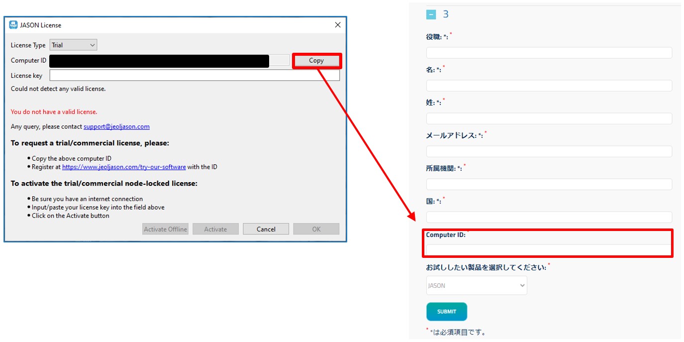 安装屏幕照片，显示计算机 ID 和 JSON 网站页面上的输入表单