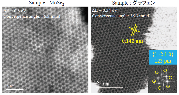 在 30kV 下获取的 MoSe2 和石墨烯的 STEM-ADF 图像