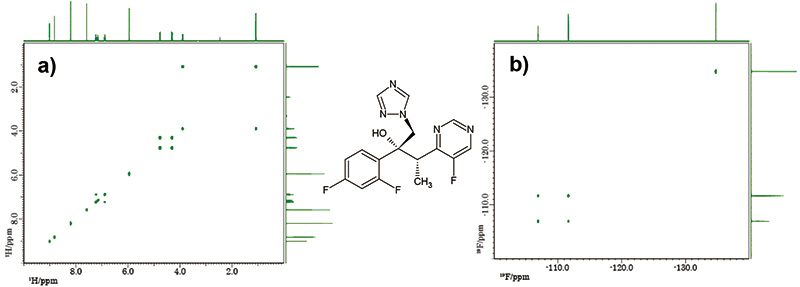 交错 COSY 测量结果 a) 1H-1H COSY、19F-19F COSY