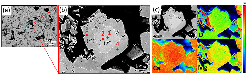 图 2 样本 1 (a) BSE 图像 (x100) (b) BSE 图像 (x750) (c) 元素图